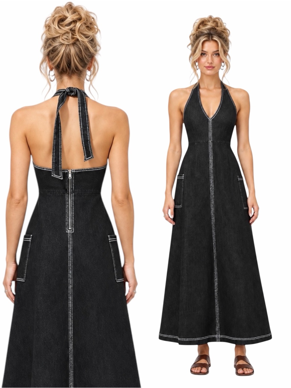 NWT – Sugarlips – Sulema Halter Denim Maxi Dress Open Back Black – Sz. XS